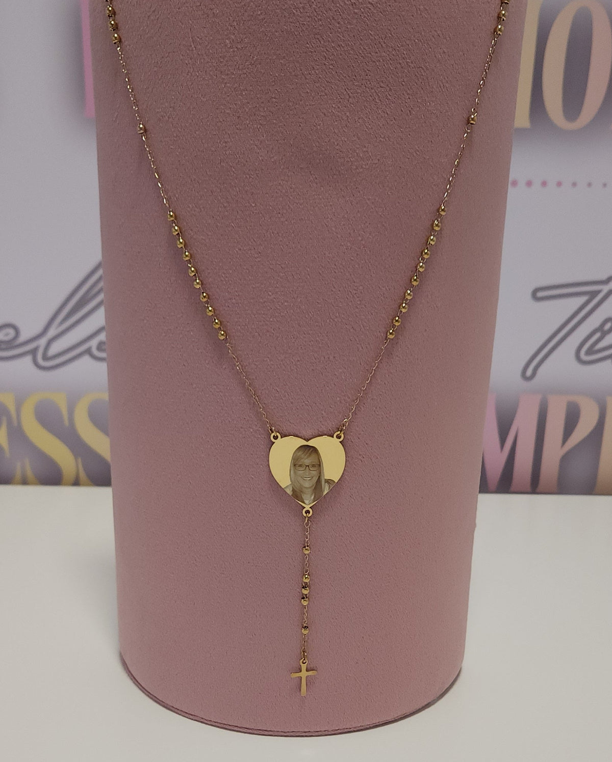 Gold Beaded Rosary Large Heart Pendant