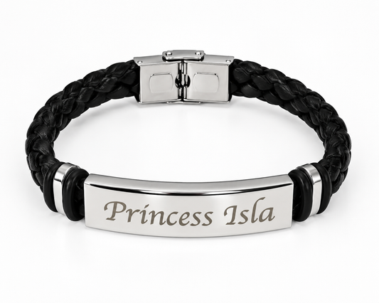 Men's Silver & Black Leather Bracelet