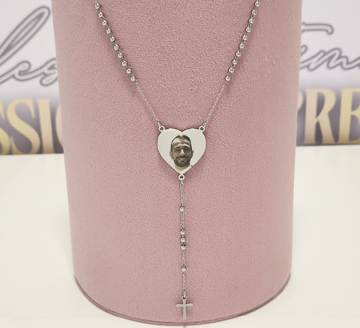 Silver Beaded Rosary Large Heart Pendant