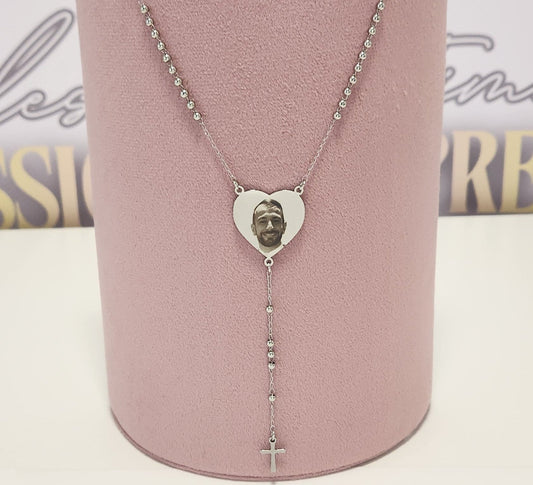 Silver Beaded Rosary Large Heart Pendant