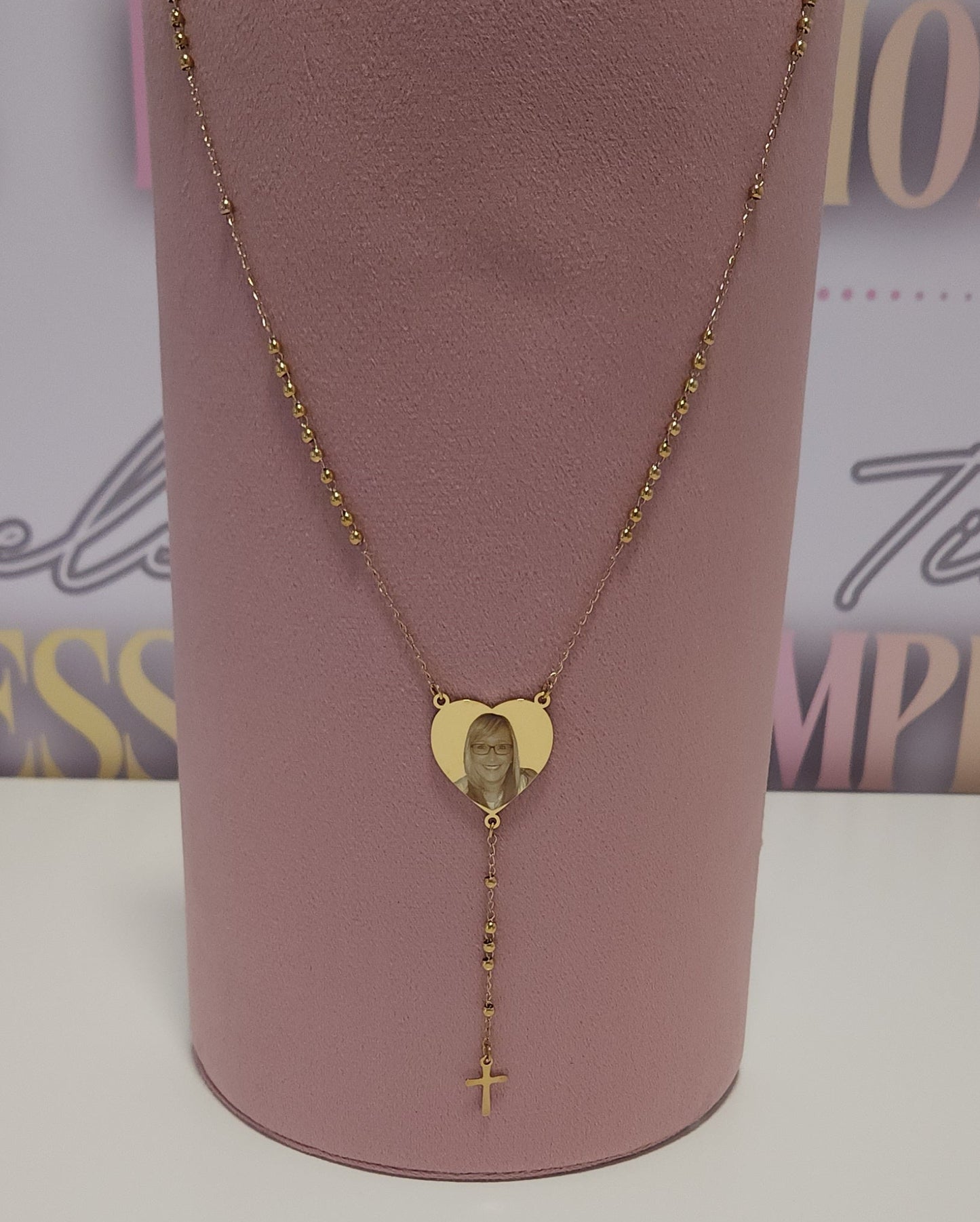 Gold Beaded Rosary Large Heart Pendant