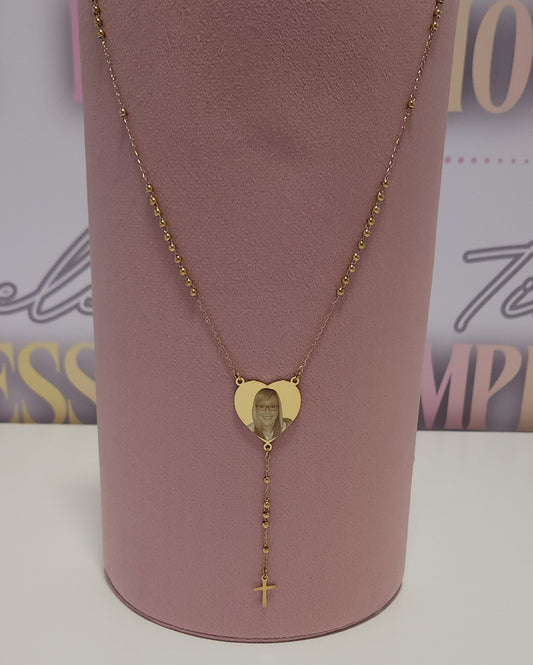 Gold Beaded Rosary Large Heart Pendant
