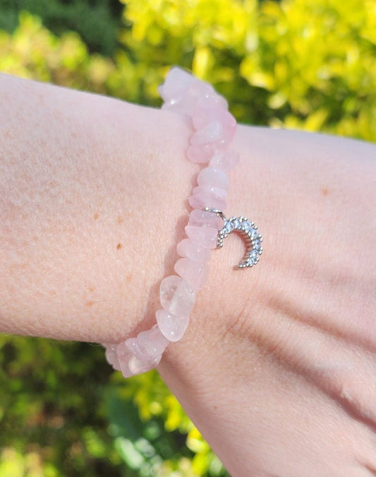 Rose Quarts Crystal Bracelet & Diamanté Moon Charm