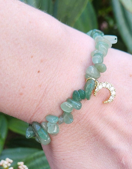 Green Aventurine Crystal Bracelet & Diamanté Moon Charm