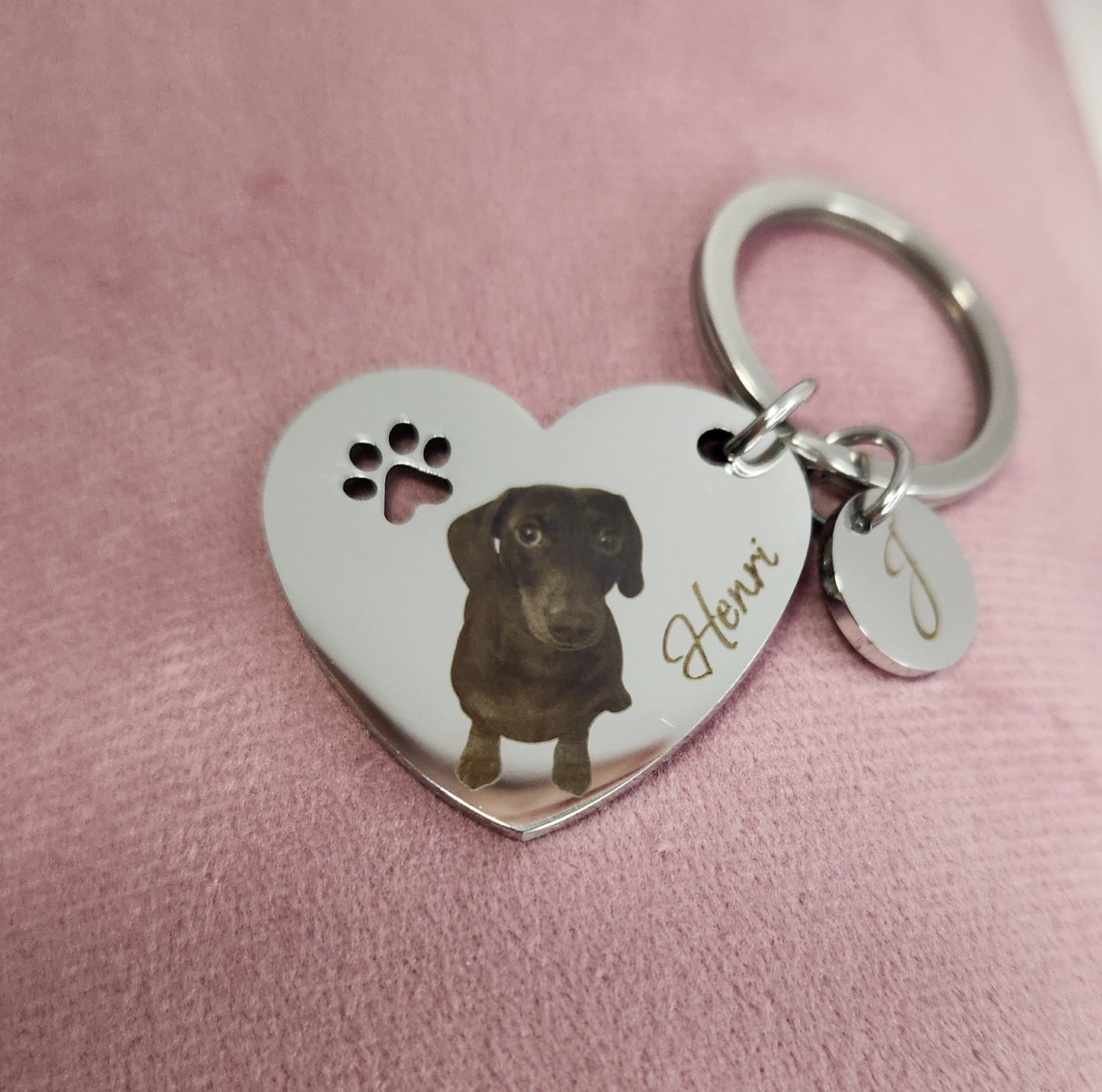 Silver Stainless Steel Heart Paw Print Keyring