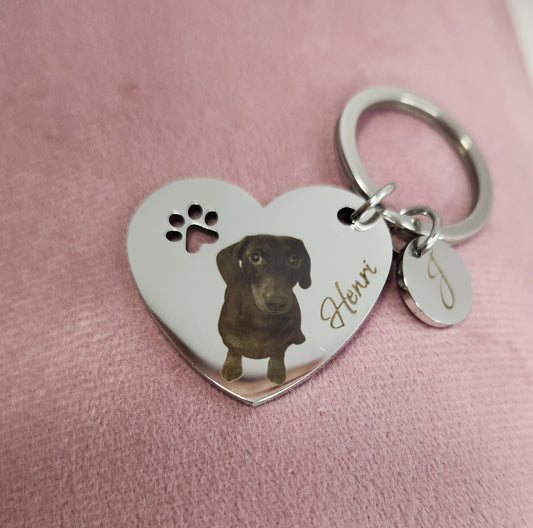 Silver Stainless Steel Heart Paw Print Keyring